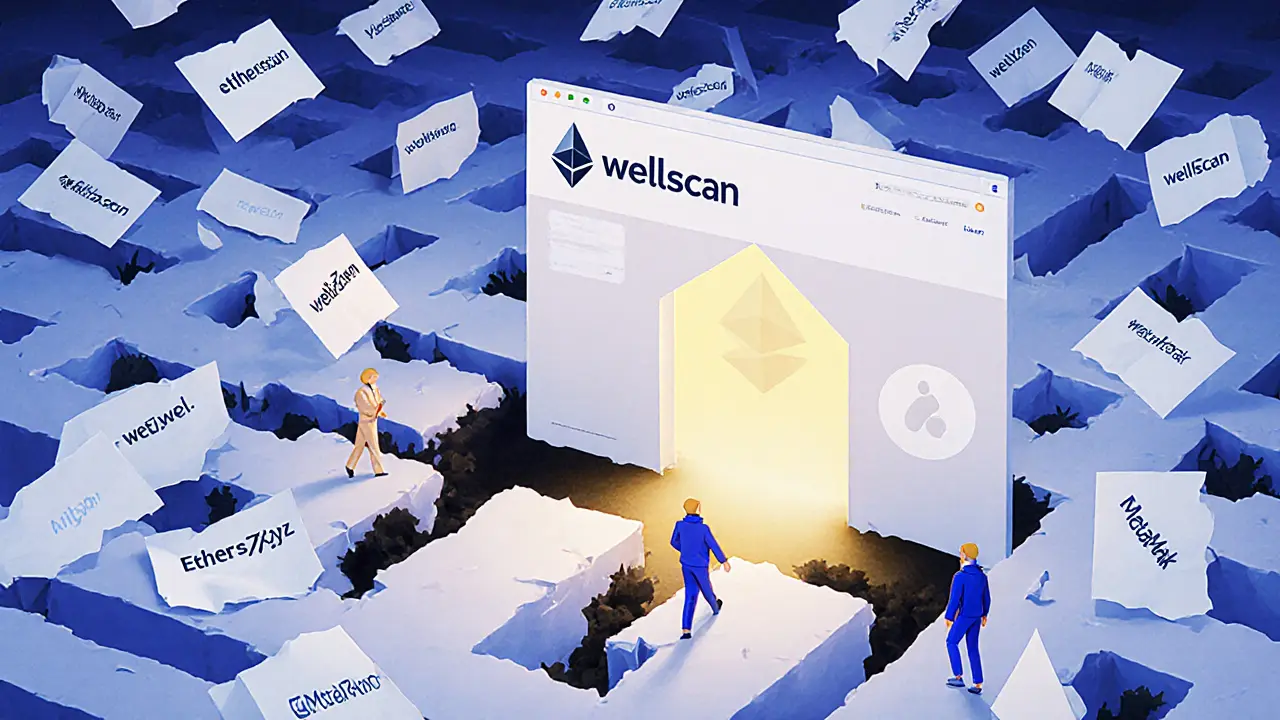 Collapsing fake websites leading to black holes, with one verified Etherscan portal glowing.