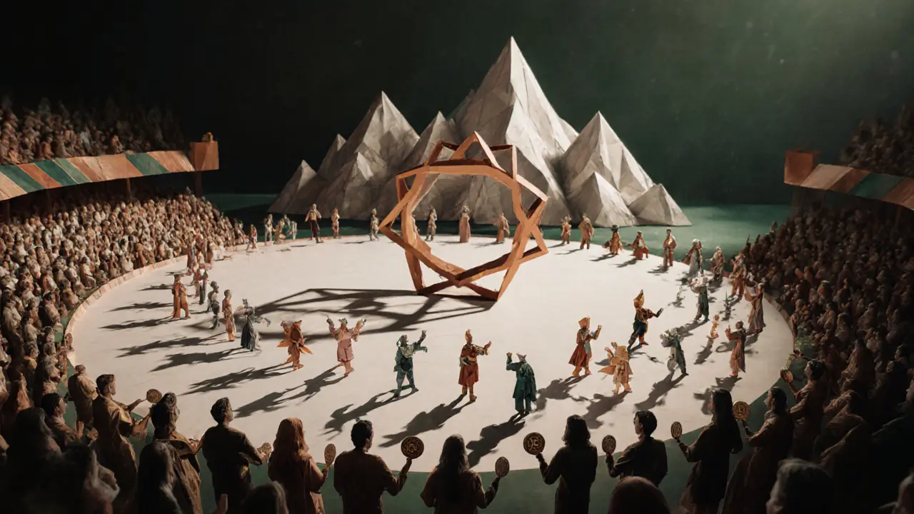 Community of origami players in an arena, casting shadows that form a DAO symbol.