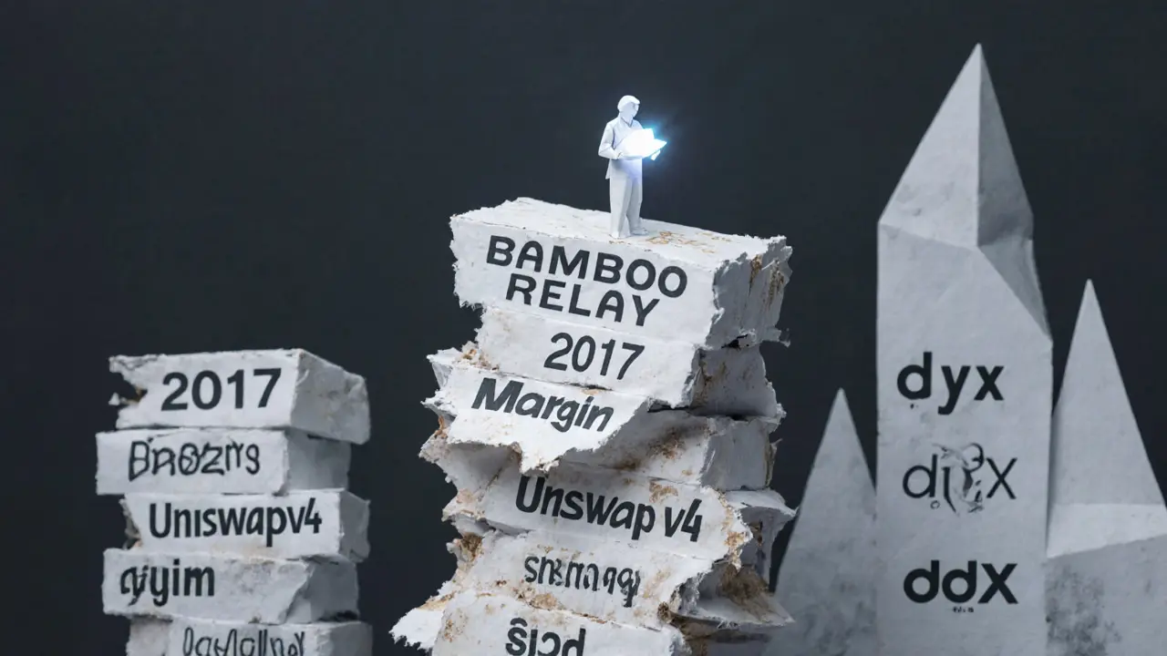 Crumbling Bamboo Relay origami tower beside rising DeFi platforms