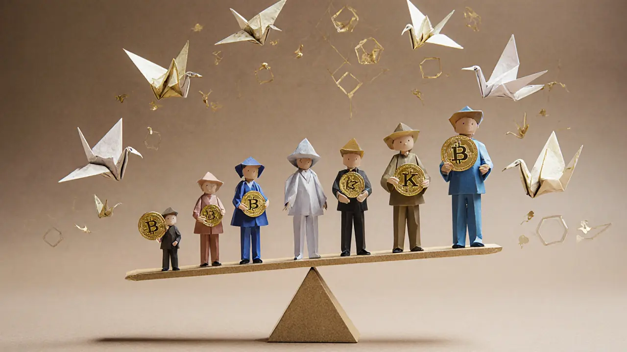 Equal-sized paper figures holding KOM tokens on a balanced scale