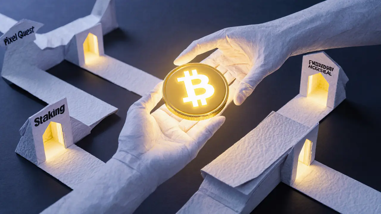 Folded hands passing a glowing BTH token through origami bridges to other metaverse portals