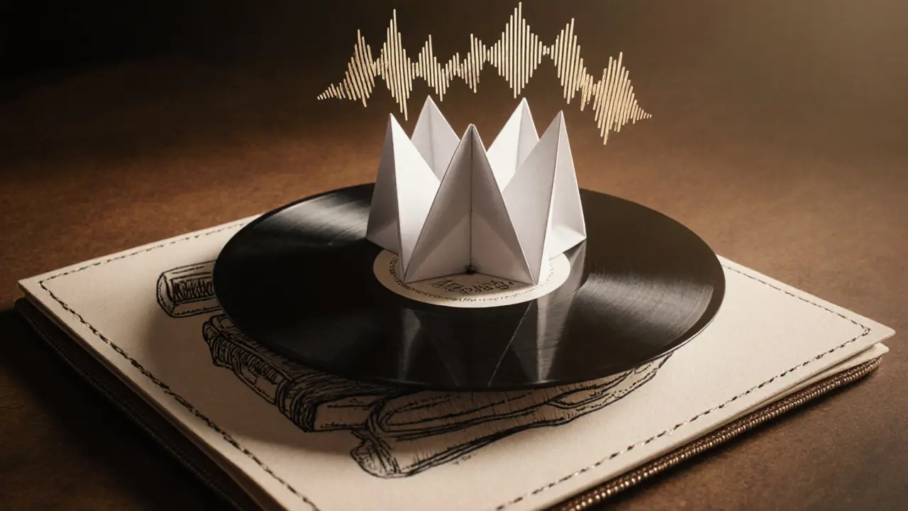 Folded paper record player spinning audio waves above a digital wallet