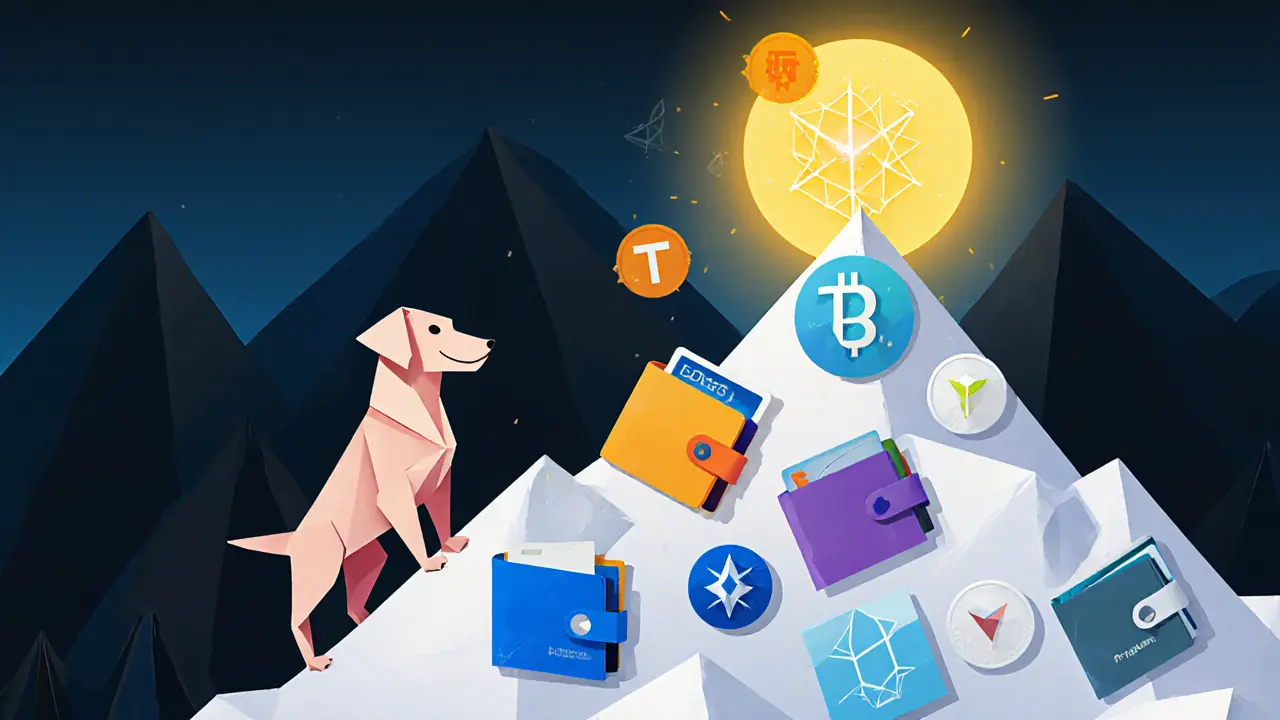 Giant origami dog on a mountain of wallets, some tokens clustered in few hands