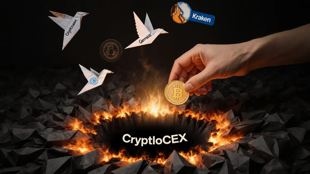Hand dropping Bitcoin into a burning paper hole, while safe exchanges fly upward toward light.