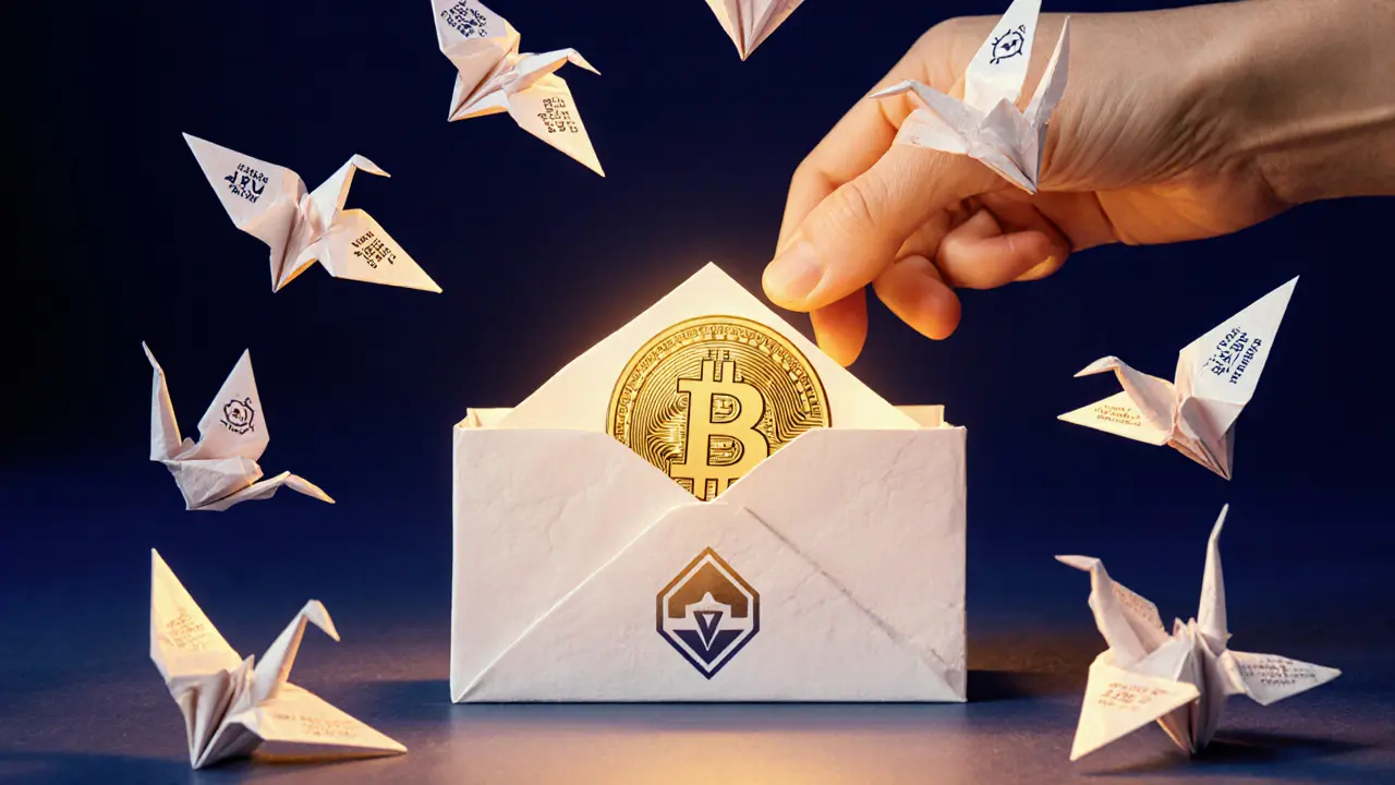 Hand placing a BSX token into a Base chain-shaped wallet as paper cranes rise with staking rewards.