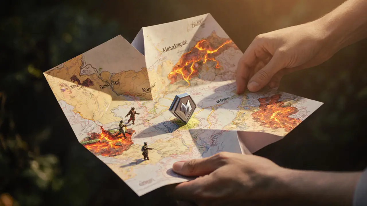 Hand unfolding a paper map of Forest Knight regions with origami heroes marching on paths.