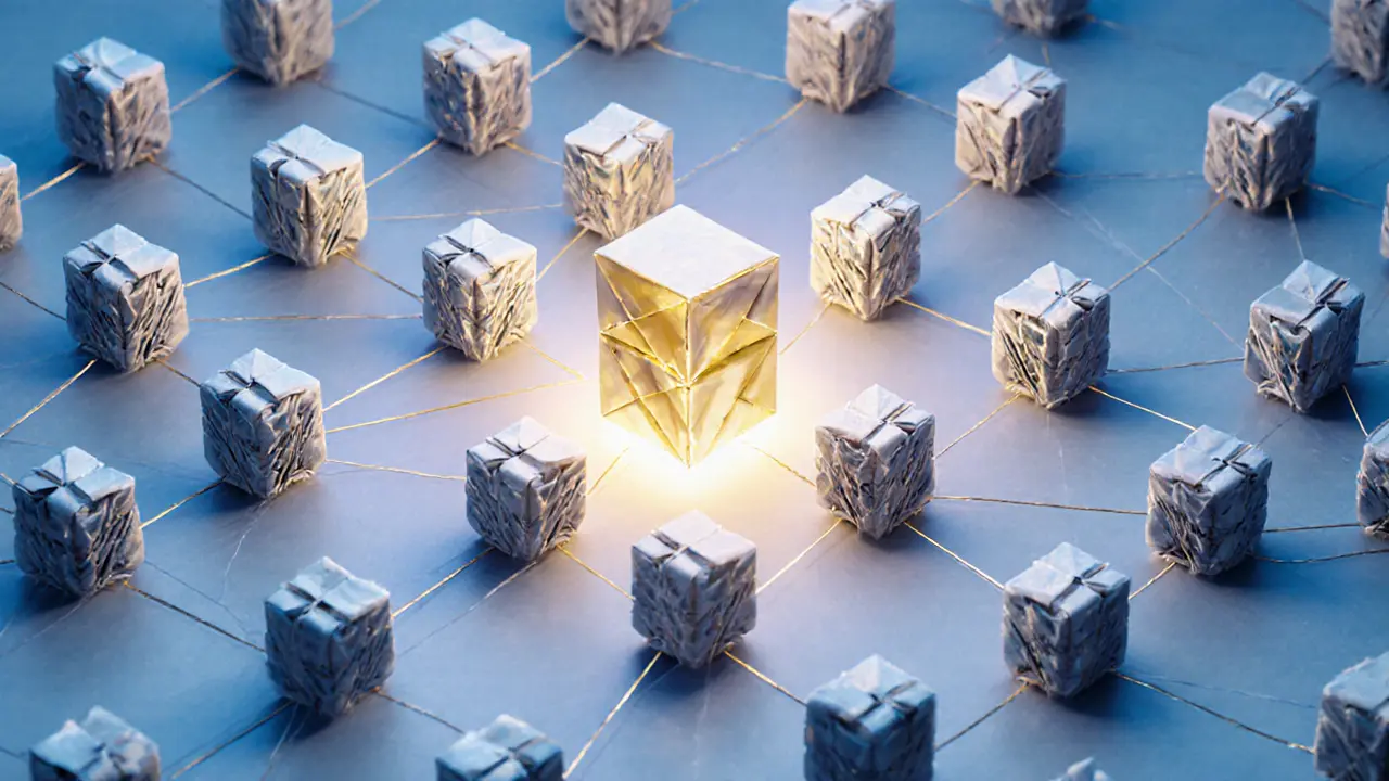 Hundreds of folded ASIC miners connected to a glowing central pool node in origami style.