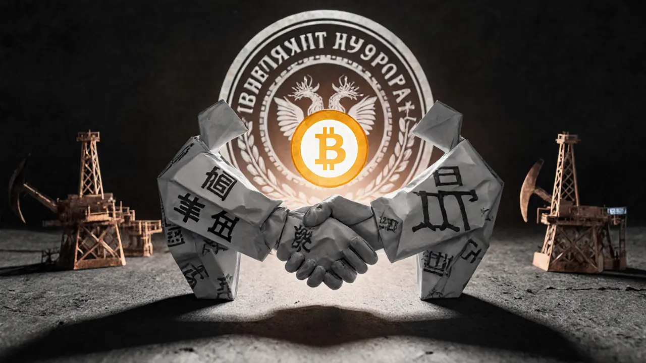 Origami corporate handshake with USDT and Bitcoin figures, blockchain ledger between them