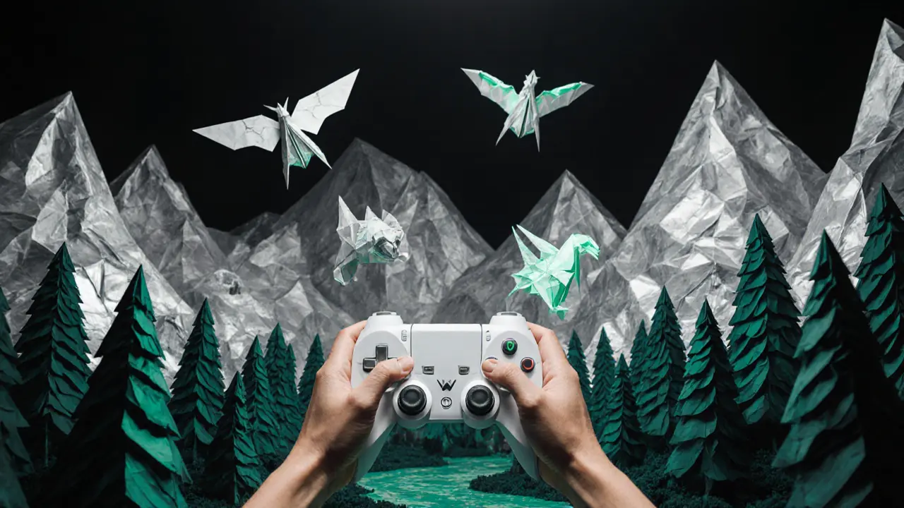 Origami landscape of Illuvium with folded mountains and gliding paper creatures