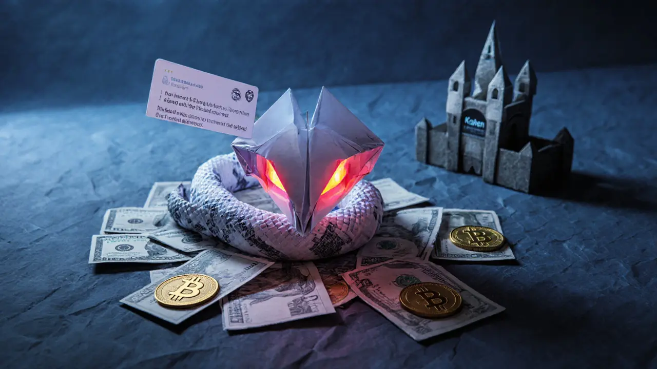 Origami snake made from fake profit screenshots coiled around crumpled CryptloCEX papers, with Kraken fortress in background.