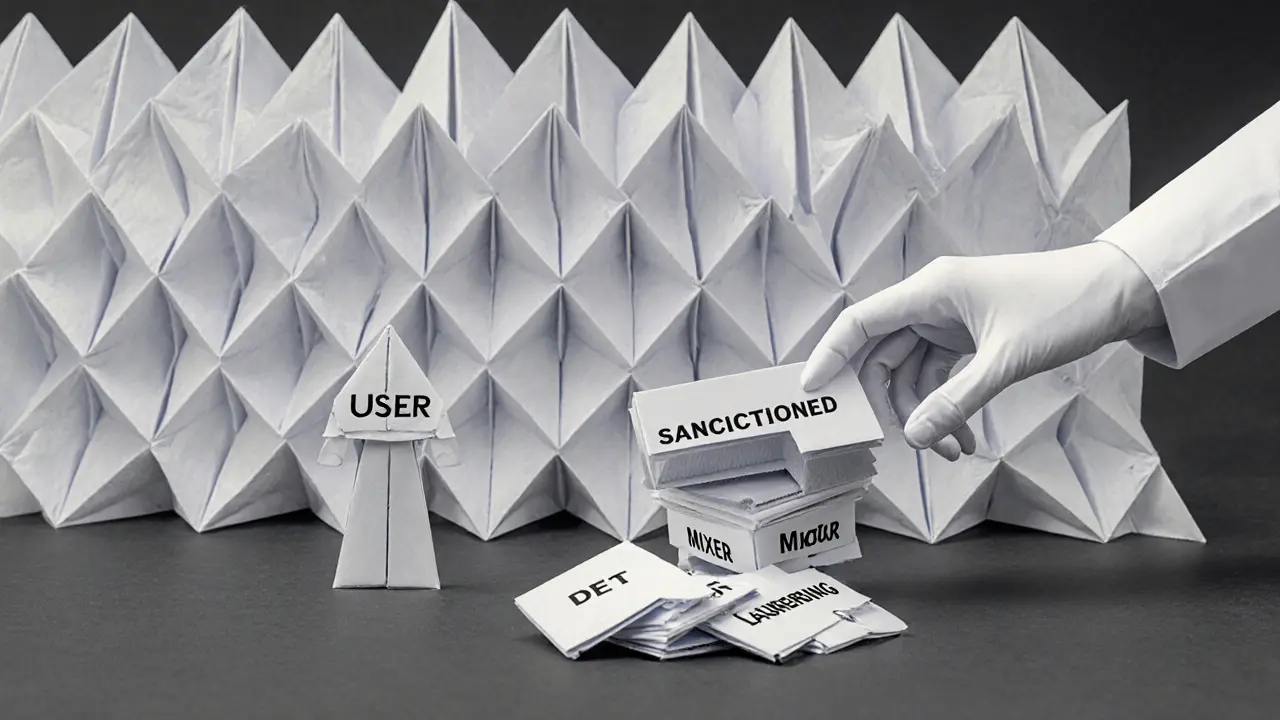Origami user surrounded by labeled wallets being sorted by a regulatory hand