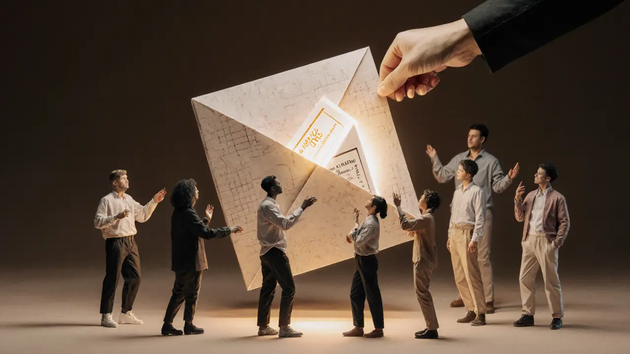 Paper artists and collectors gathering around a floating album with hidden ticket and royalty symbol