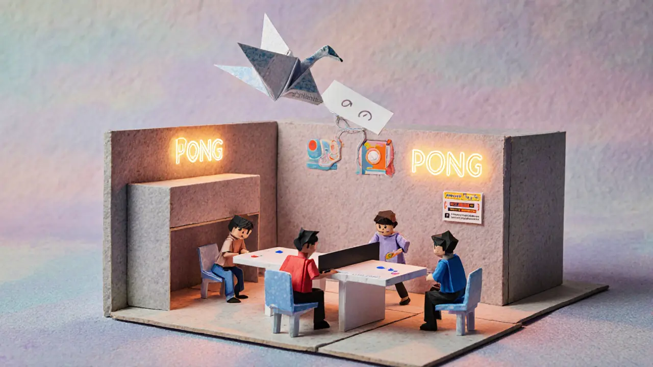 Paper avatars playing Pong in a folded hotel suite with glowing neon signs and voting crane