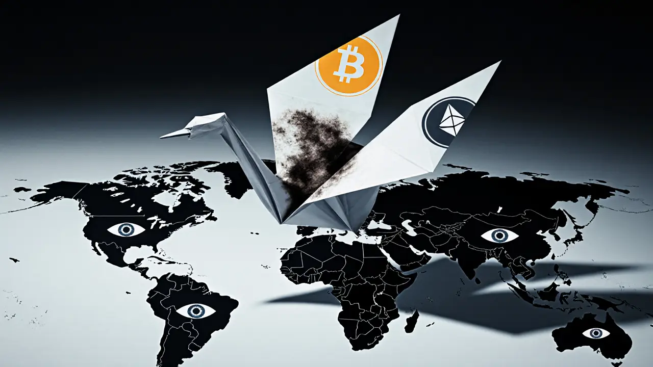 Paper Bitcoin crane with stained wing from mixer, flying over global blockchains