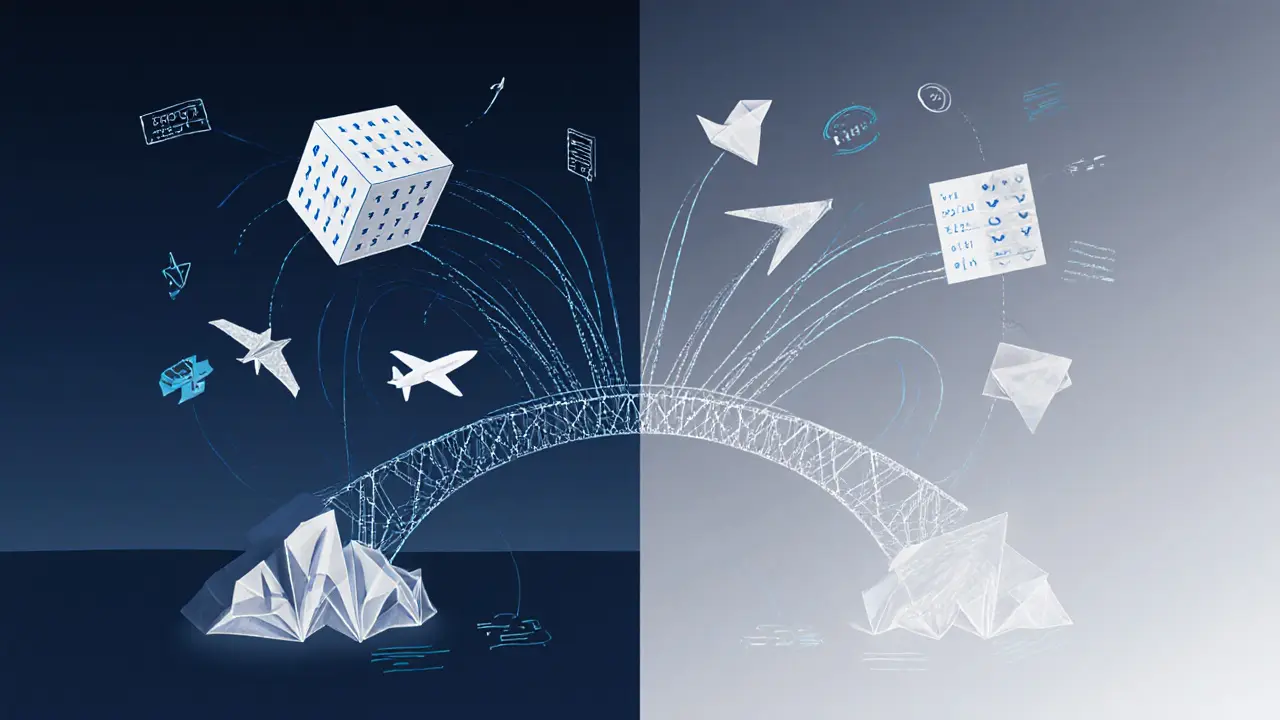 Paper bridge connecting a static blockchain cube to dynamic real-world data symbols.