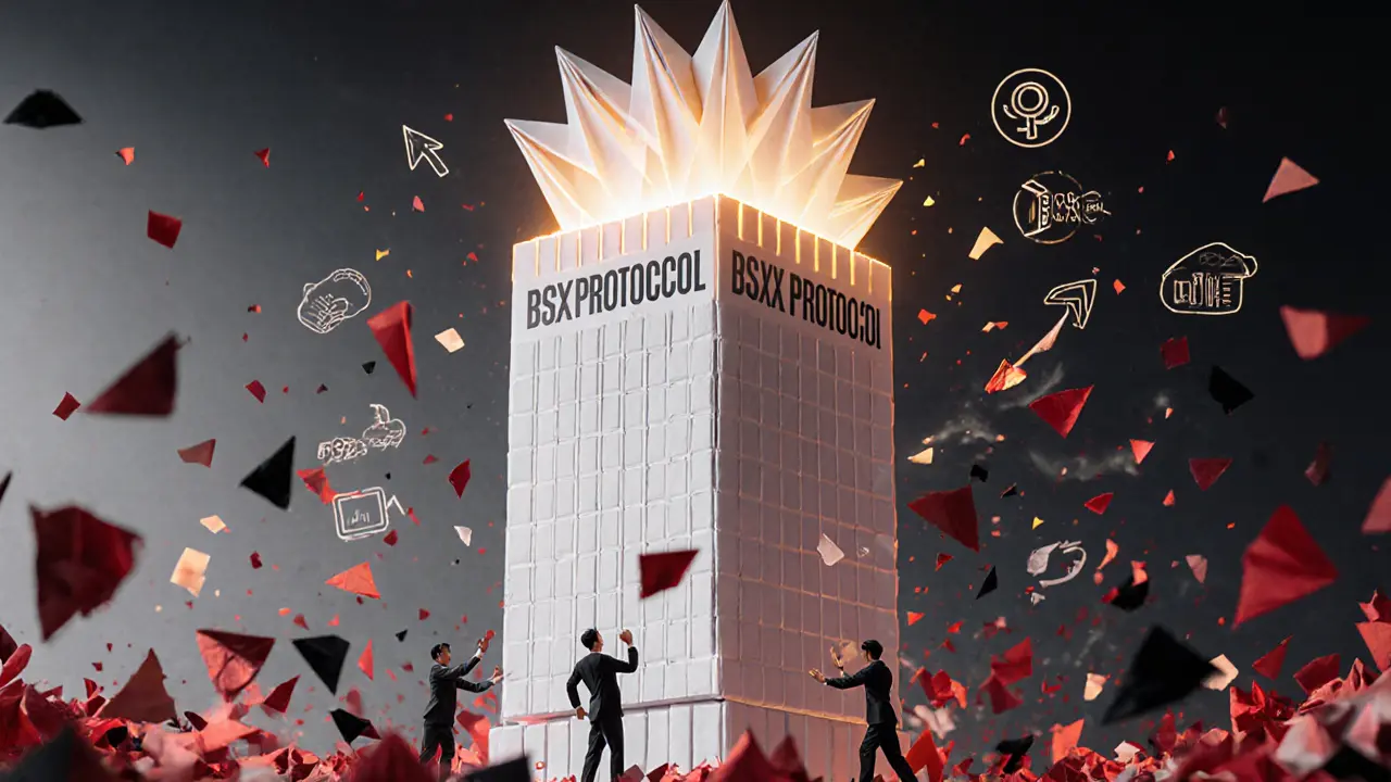 Paper BSX Protocol skyscraper on Base chain foundation, with traders and price crash fragments around it.