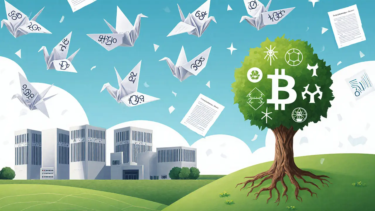 Paper cranes flying from data centers, one blockchain tree standing firm in landscape