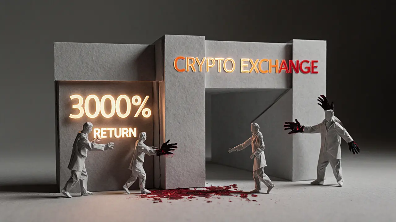 Paper crypto interface with glowing fake returns, users&#039; hands turning to ash.