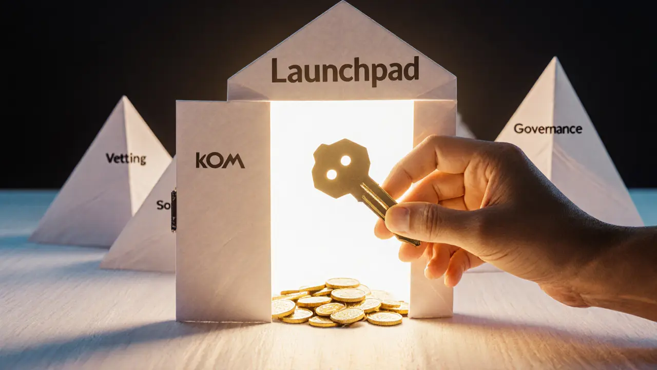 Paper door opening to a token portal, with KOM token shaped as a key