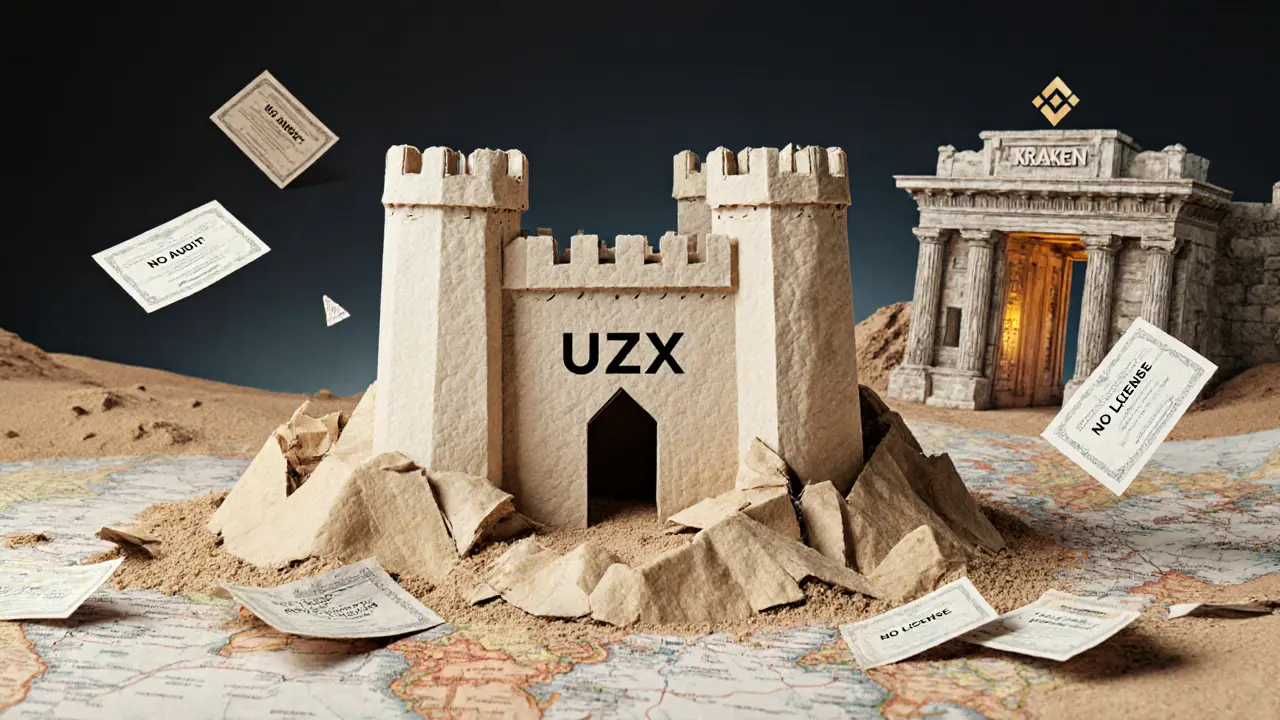 Paper fortress labeled UZX with no exits, surrounded by crumbling regulatory certificates in a desert of maps.