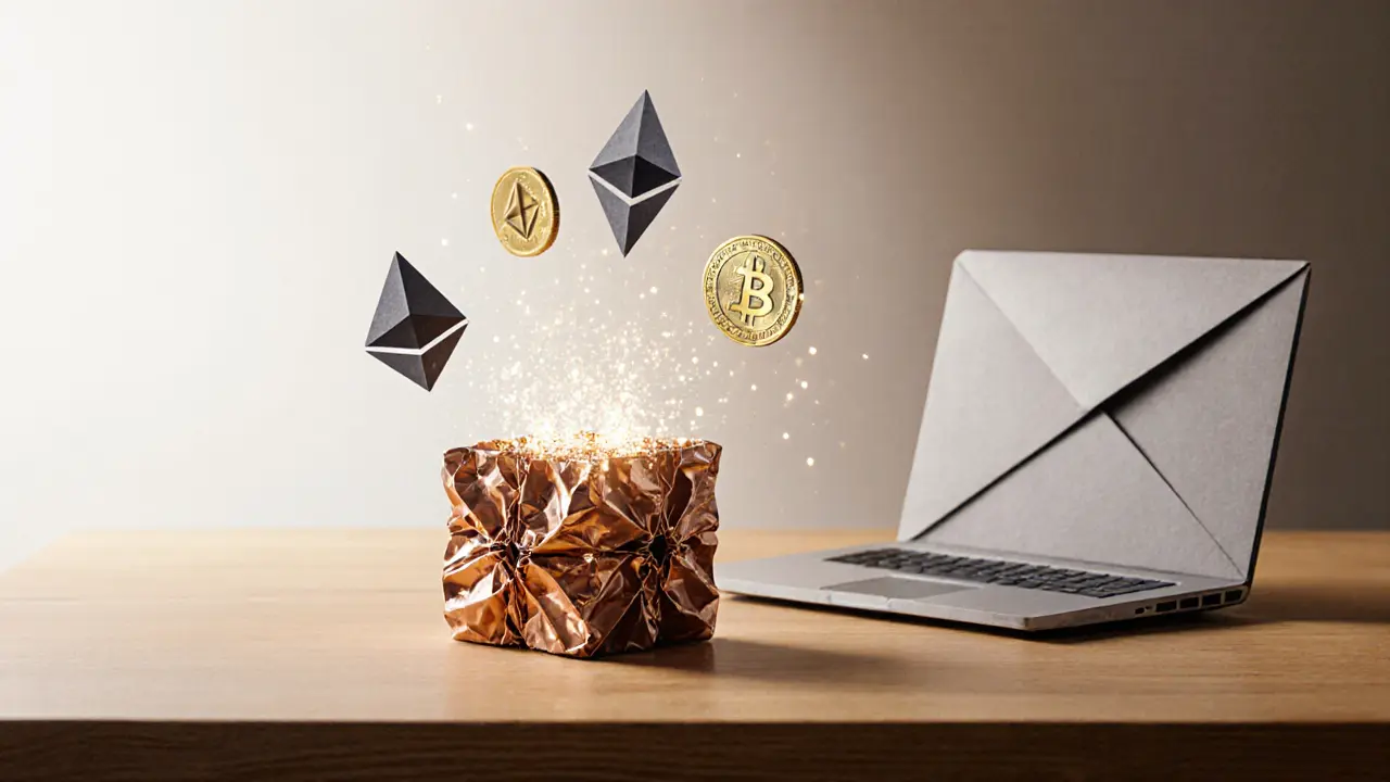 Paper GPU mining Monero with floating altcoin tokens on a wooden desk