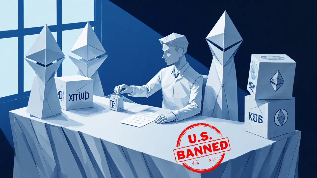 Paper trader surrounded by origami crypto assets with a &#039;U.S. BANNED&#039; stamp