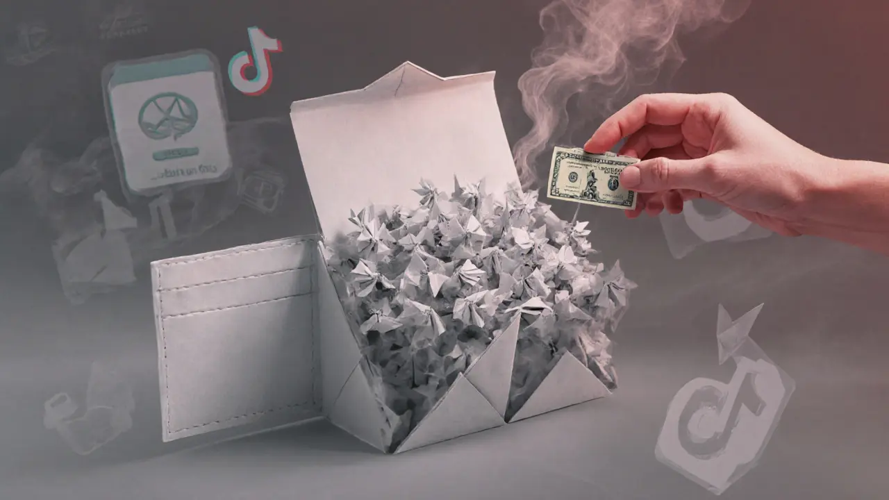 Paper wallet opening to reveal countless tiny DOGE2.0 tokens dissolving into smoke.