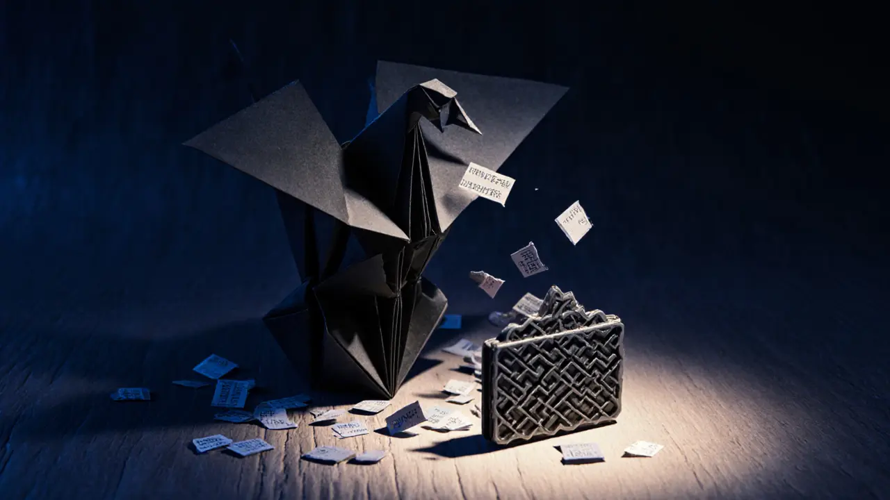 Quantum computer crane breaking old crypto keys, with a sturdy lattice paper wallet standing firm below.