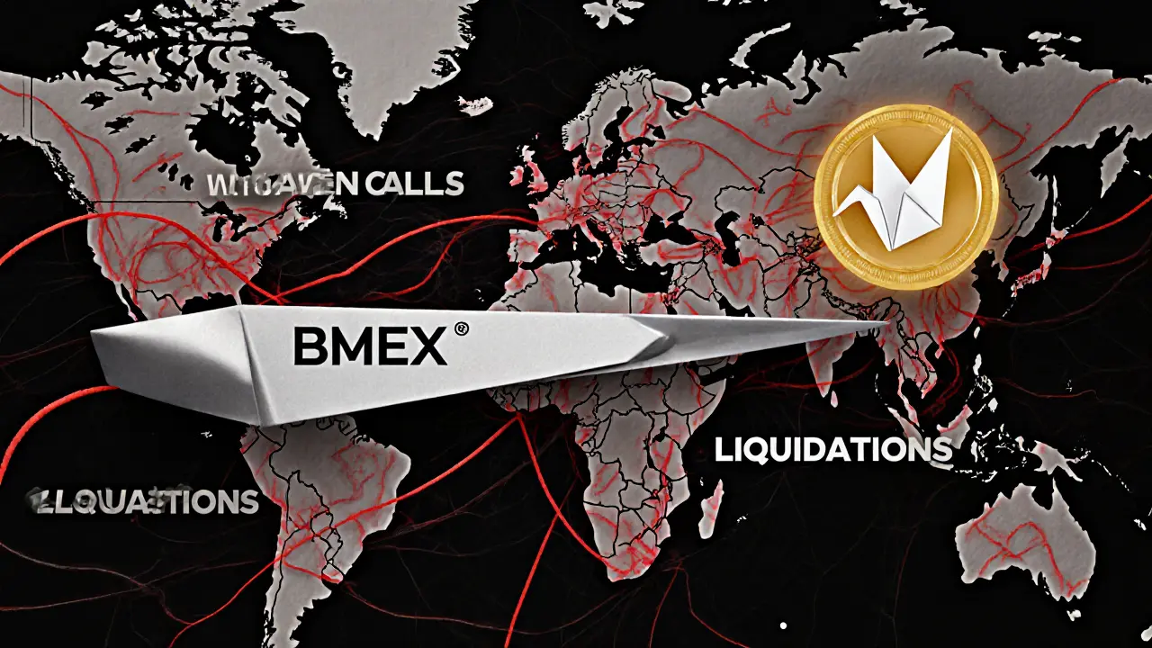 Silver paper scalpel cutting through financial risk threads with a BMEX crane token