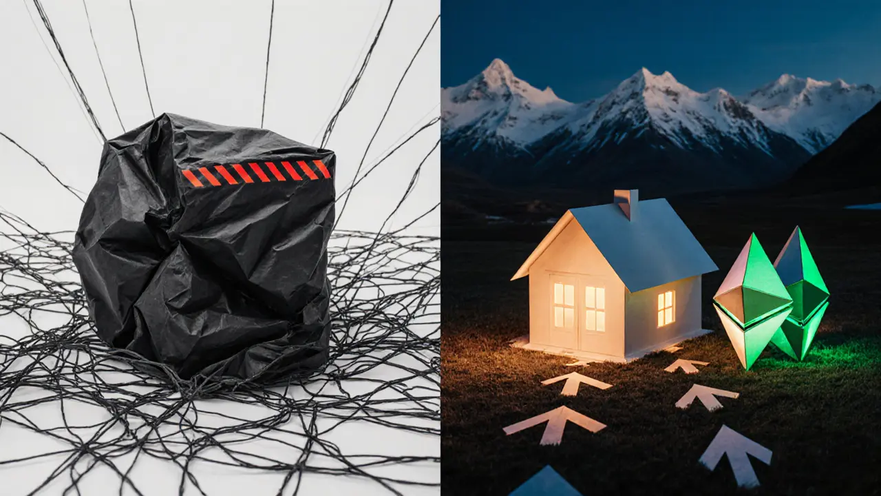 Split origami scene: crumbling mining rig vs. glowing Ethereum node warming a home