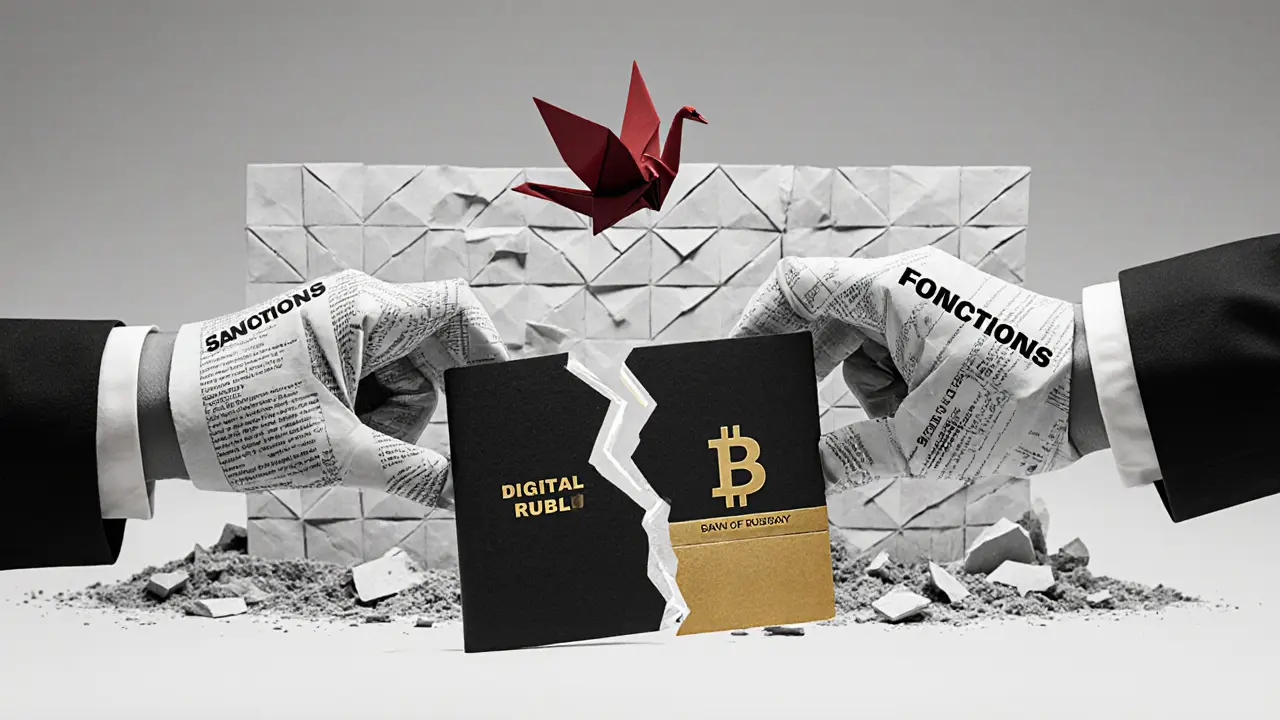 Split origami wallet of Digital Ruble and BTC, being pulled by government hands