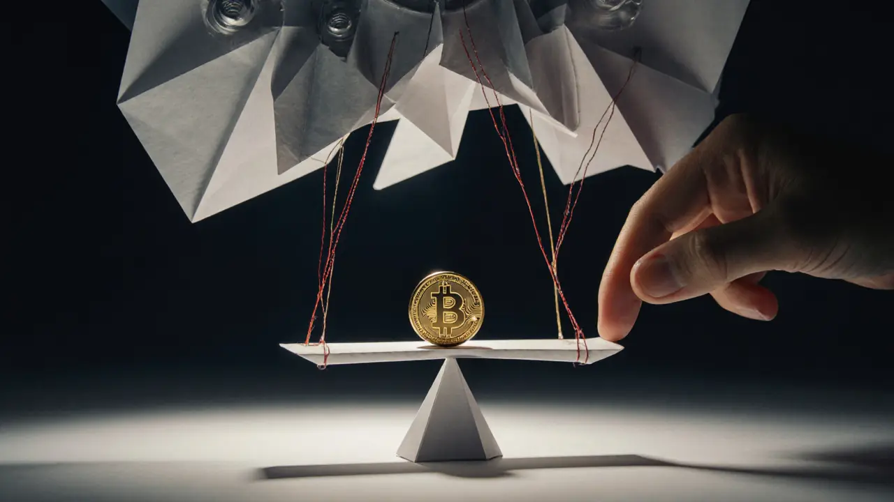 Trader&#039;s hand placing BTC token on scale as liquidation engine looms overhead