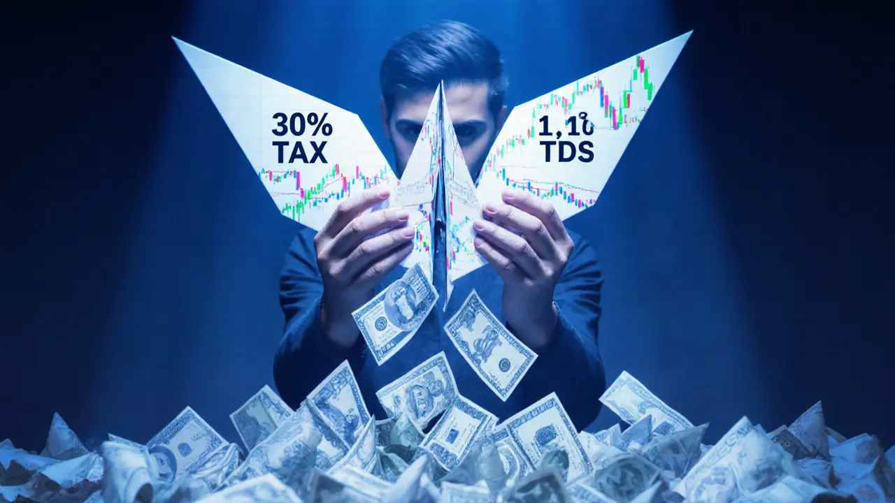 Trader holding a paper crane with tax labels as money falls away