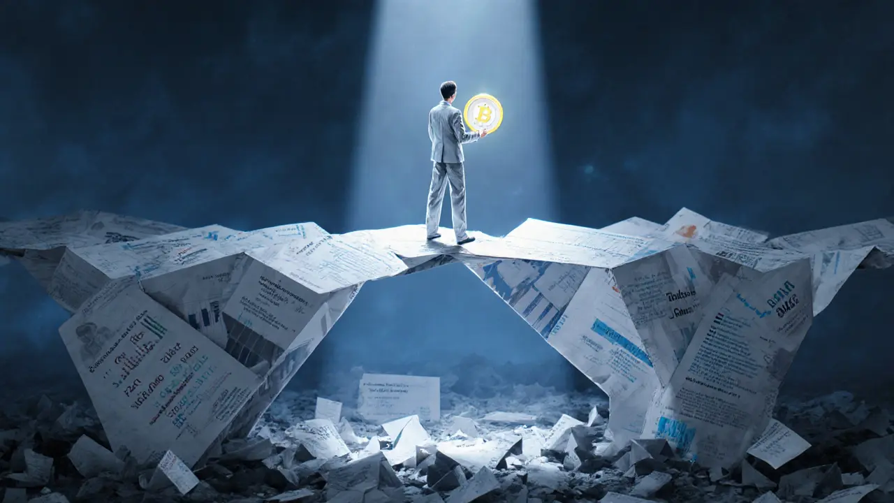 Trader standing on a fragile paper bridge holding a glowing, nonexistent UZX token above a void of failed support tickets.