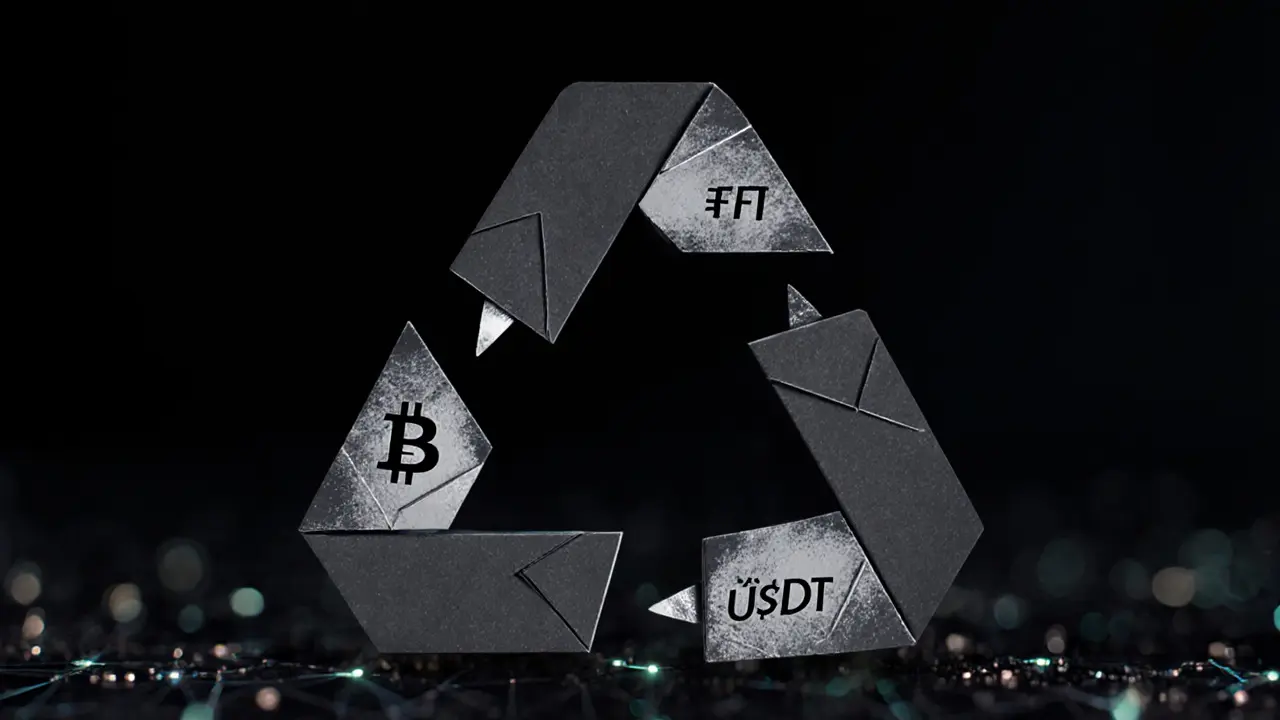Triangular arbitrage loop of folded BTC, ETH, and USDT with arrows tracing profit path in origami style.