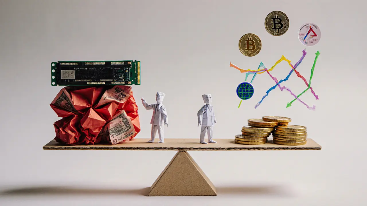 Two paper miners on a seesaw: ASIC sinking under red bills, GPU rising with altcoins