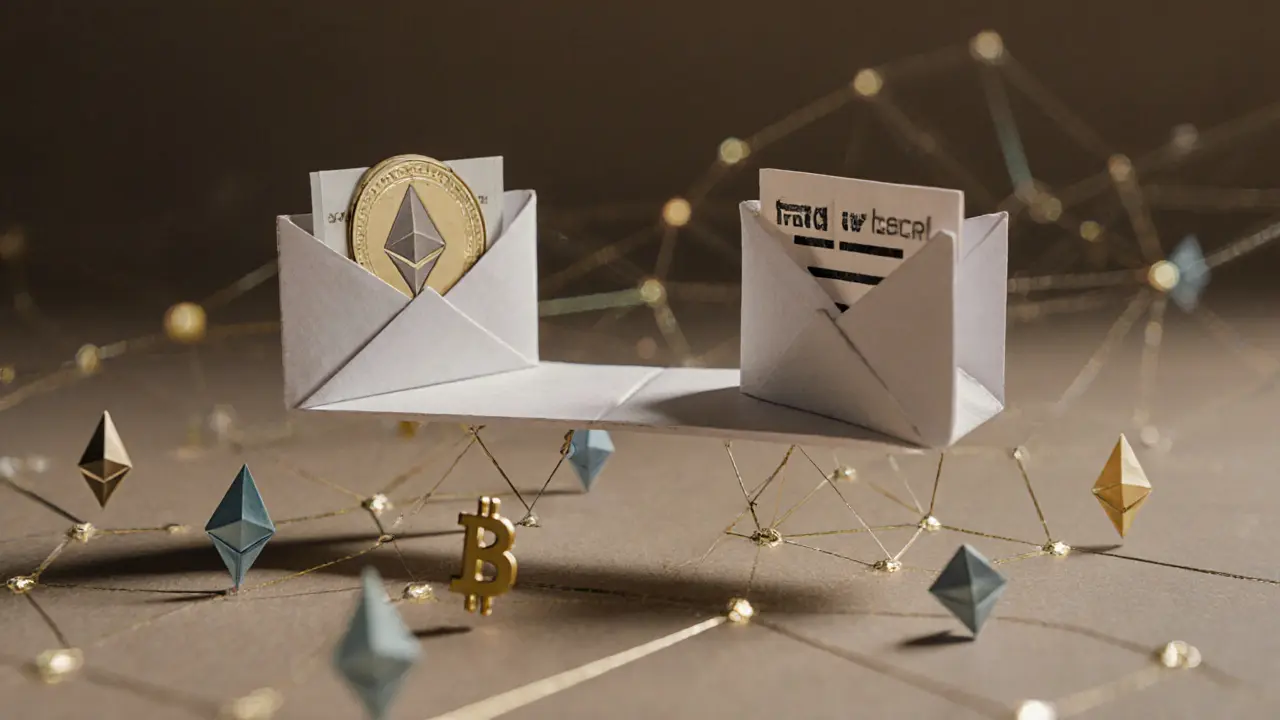 Two paper wallets connected by a 0x protocol bridge with glowing nodes