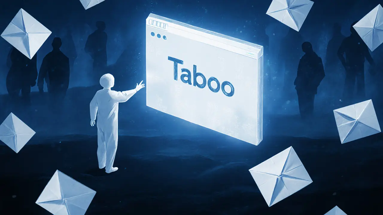 User reaching for 'Taboo' paper interface in dark void, empty wallets floating