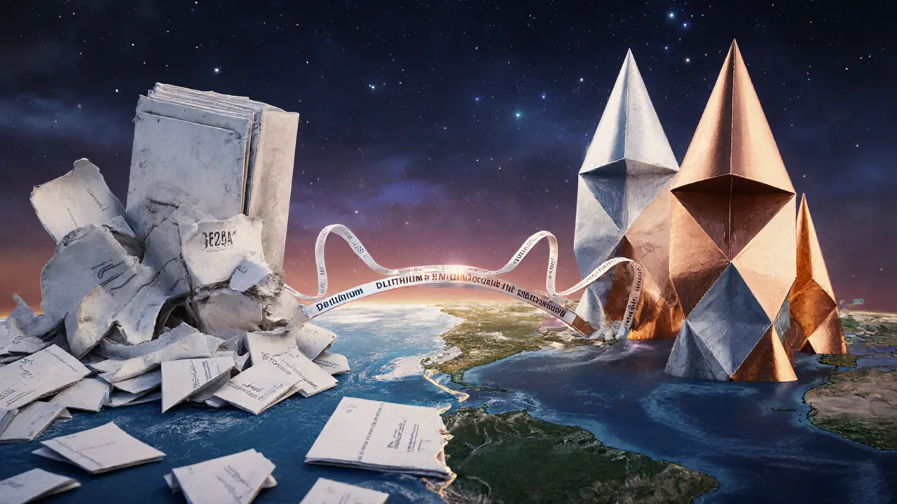 World divided: crumbling legacy crypto on one side, rising quantum-safe origami structures on the other.