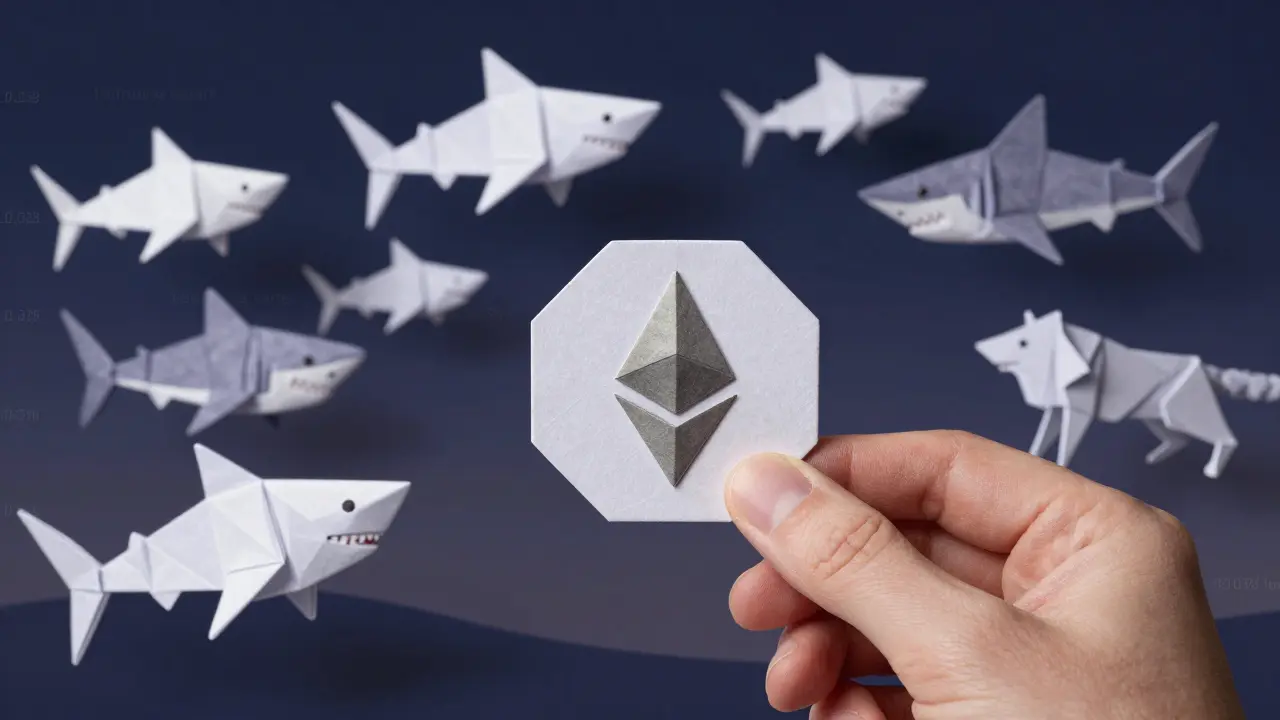 A calm hand holding an Ethereum origami while chaotic paper creatures swirl around it in a storm of leverage.
