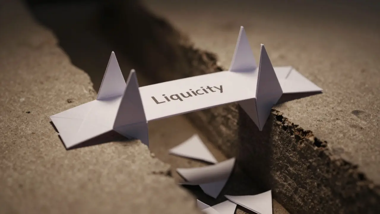 A crumbling origami bridge made of PSUB tokens over a liquidity chasm.