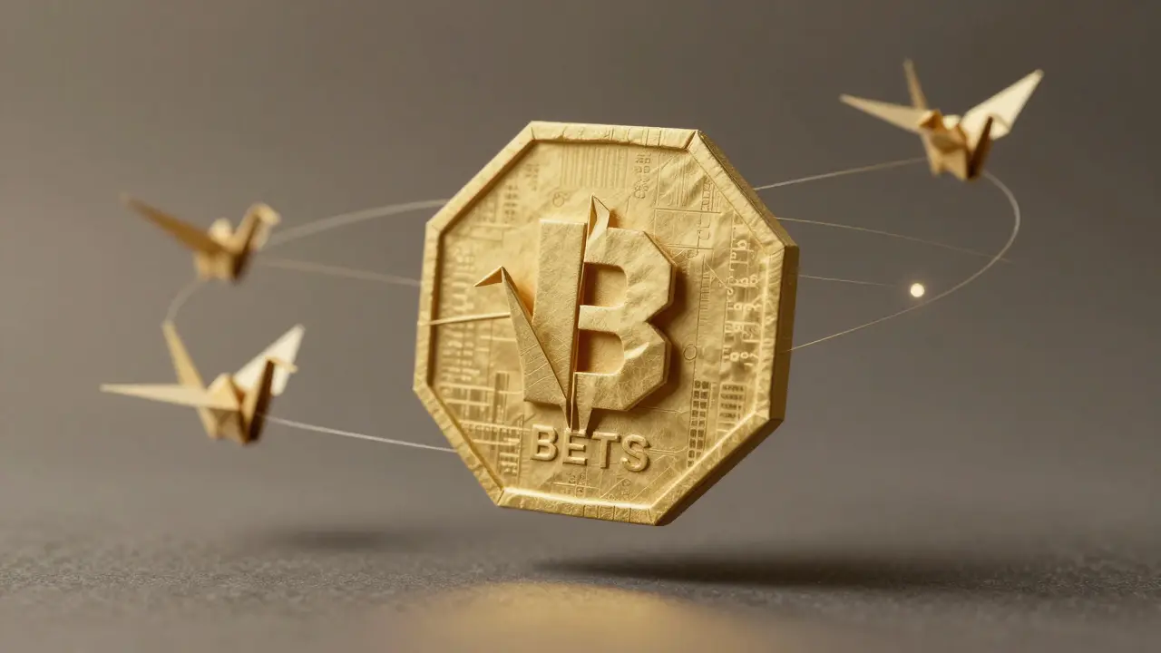 A folded BEETS token suspended in air, surrounded by paper cranes, representing long-term DeFi adoption over speculation.