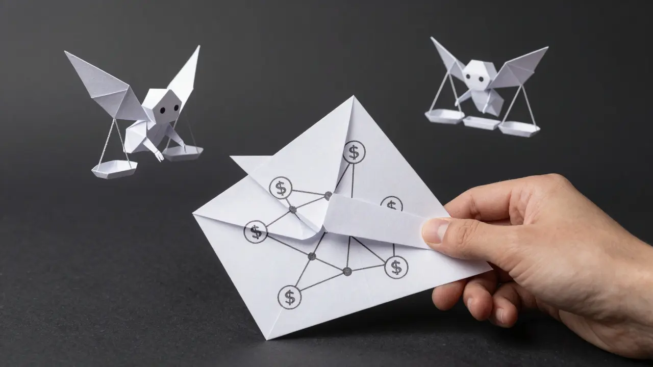 A hand folding a paper wallet into the Optimism network, with paper bots adjusting asset pools in a minimalist digital space.