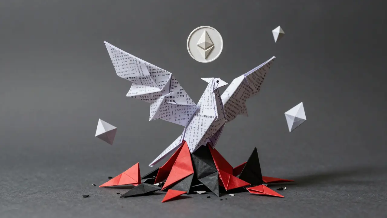 A paper phoenix rising from burned contract ashes, with a pristine CATS token above.