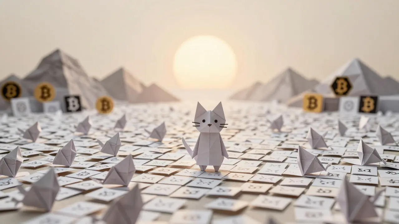A small origami cat stands on an endless sea of folded CATS tokens under a distant sunrise.