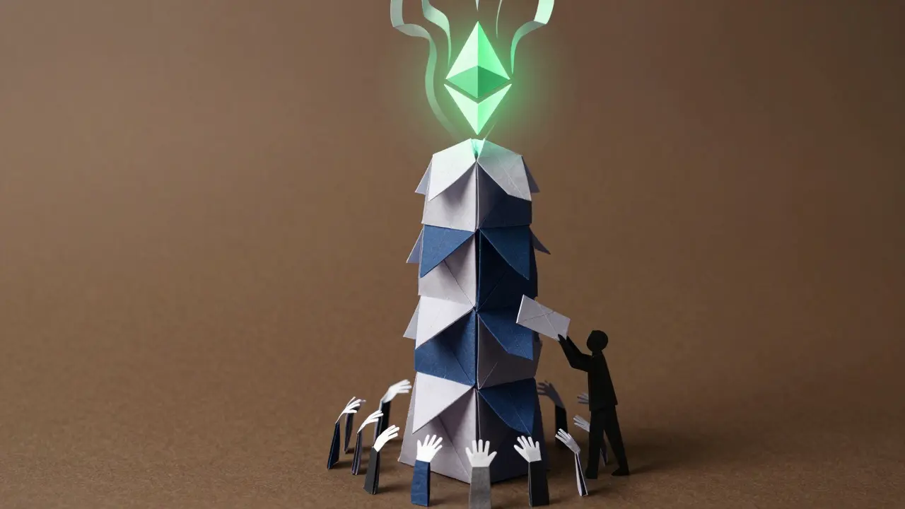 A towering origami blockchain with validator hands reaching up, rejecting a fake block at the base.