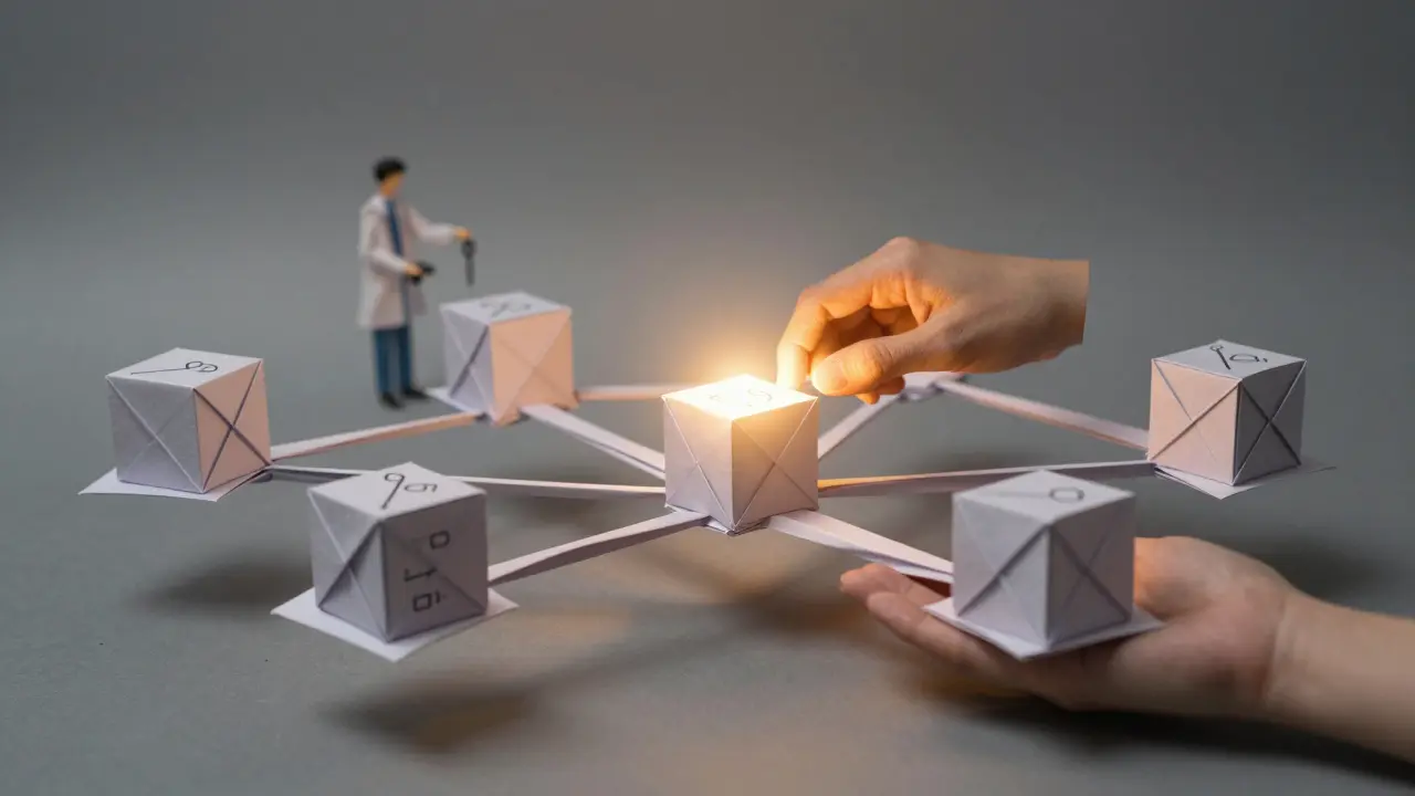 Blockchain made of paper nodes processing encrypted cubes, with silhouettes of doctor and patient holding keys.