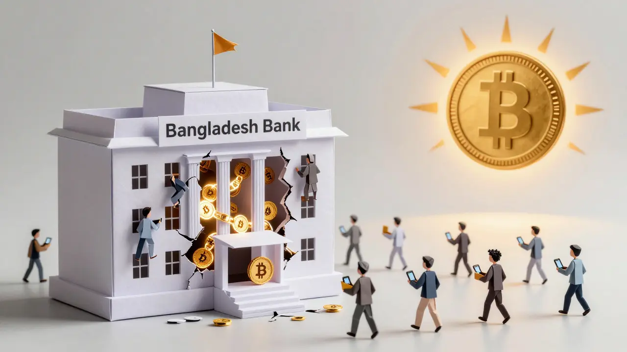 Crumbling bank building revealing blockchain chains as paper people escape with crypto wallets.