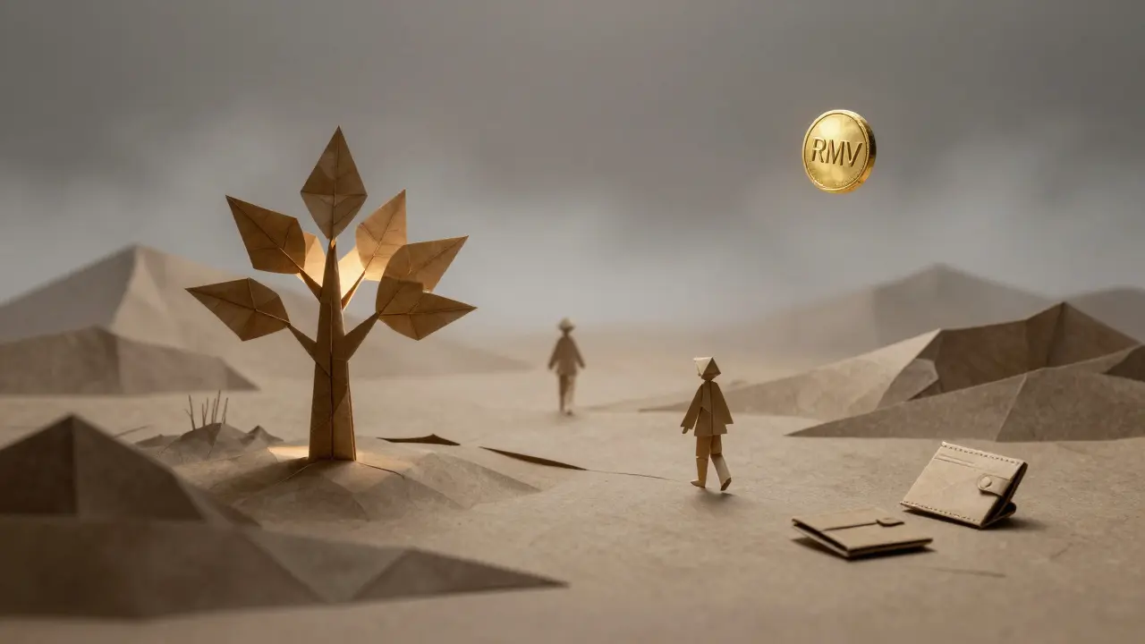 Desolate origami metaverse landscape with one glowing NFT tree and a lone RMV token floating alone.