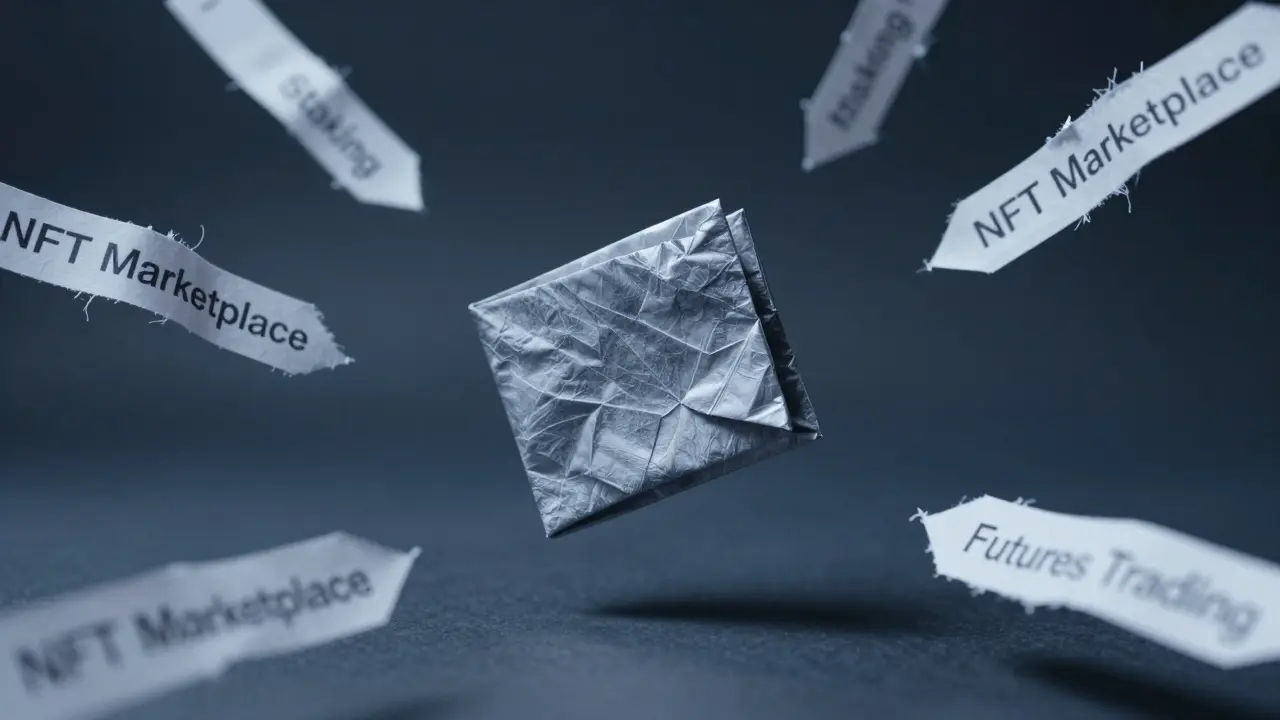 Empty wallet surrounded by disconnected paper features in void space